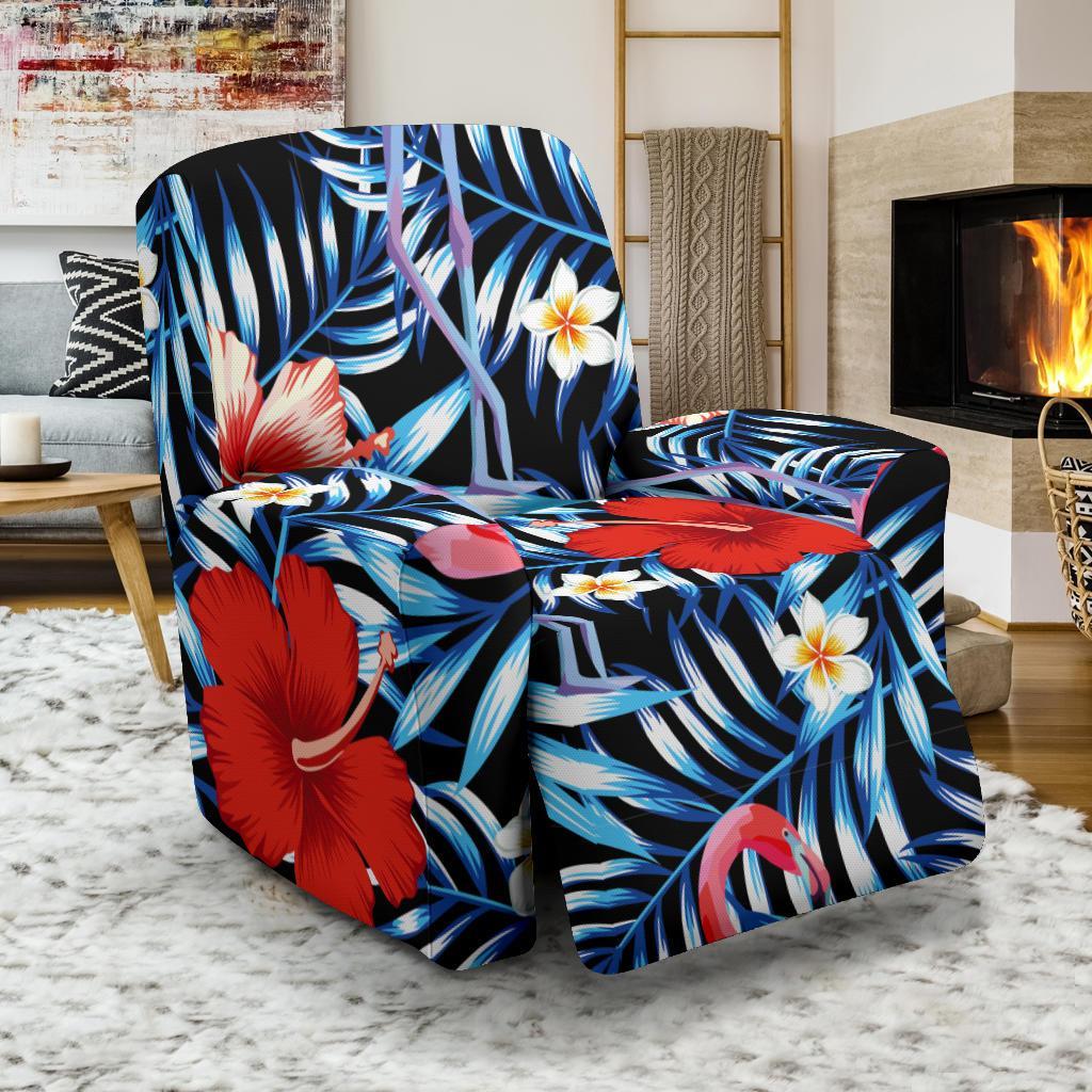 Flamingo Hawaiian Floral Tropical Flower Hibiscus Palm Leaves Pattern Print Recliner Cover-grizzshop