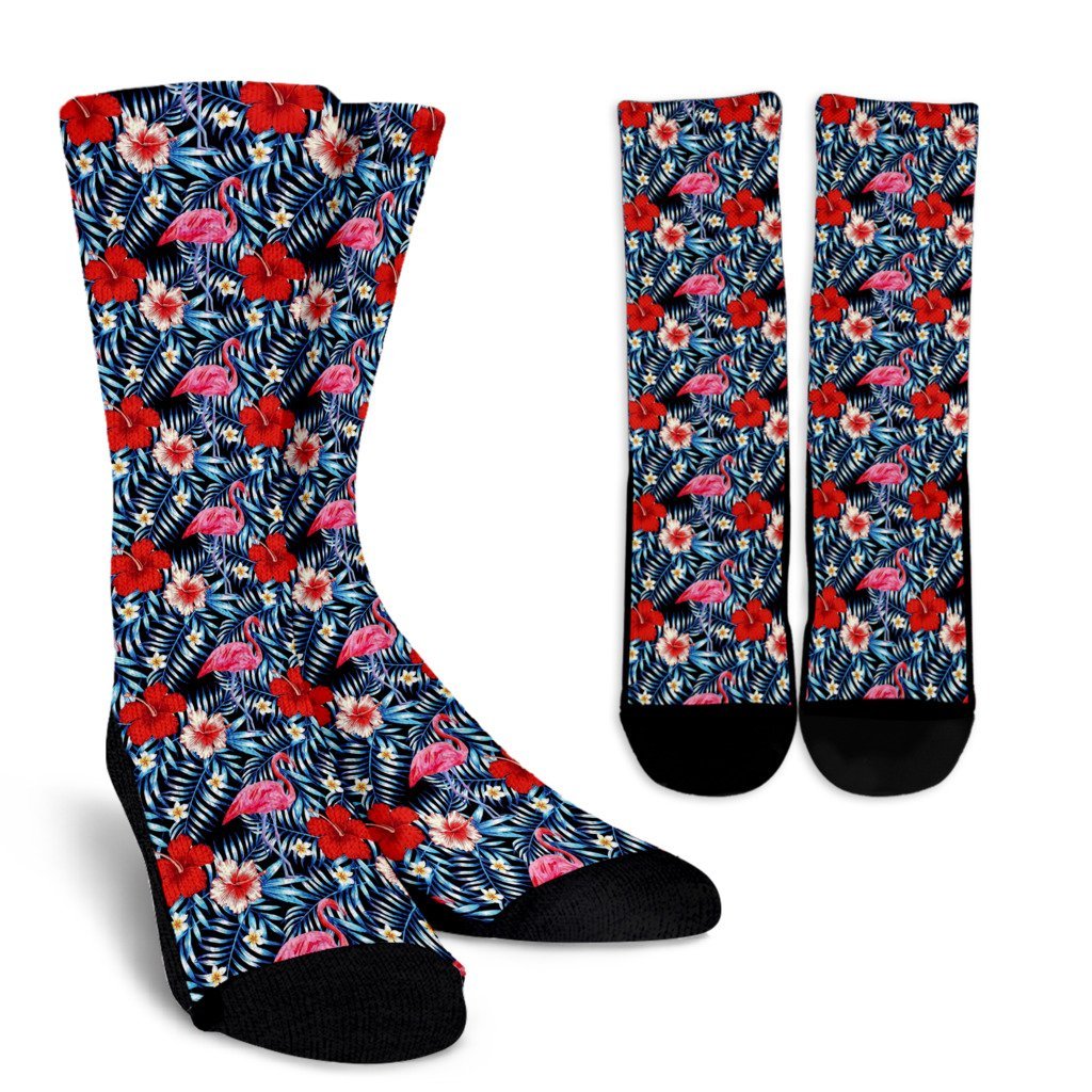 Flamingo Hawaiian Floral Tropical Flower Hibiscus Palm Leaves Pattern Print Unisex Crew Socks-grizzshop