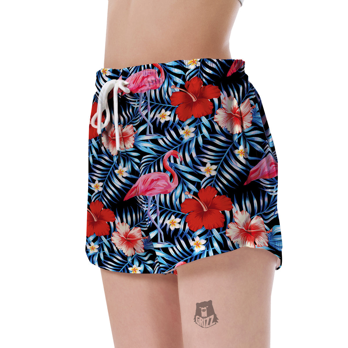 Flamingo Hawaiian Floral Tropical Flower Hibiscus Palm Leaves Pattern Print Women's Shorts-grizzshop