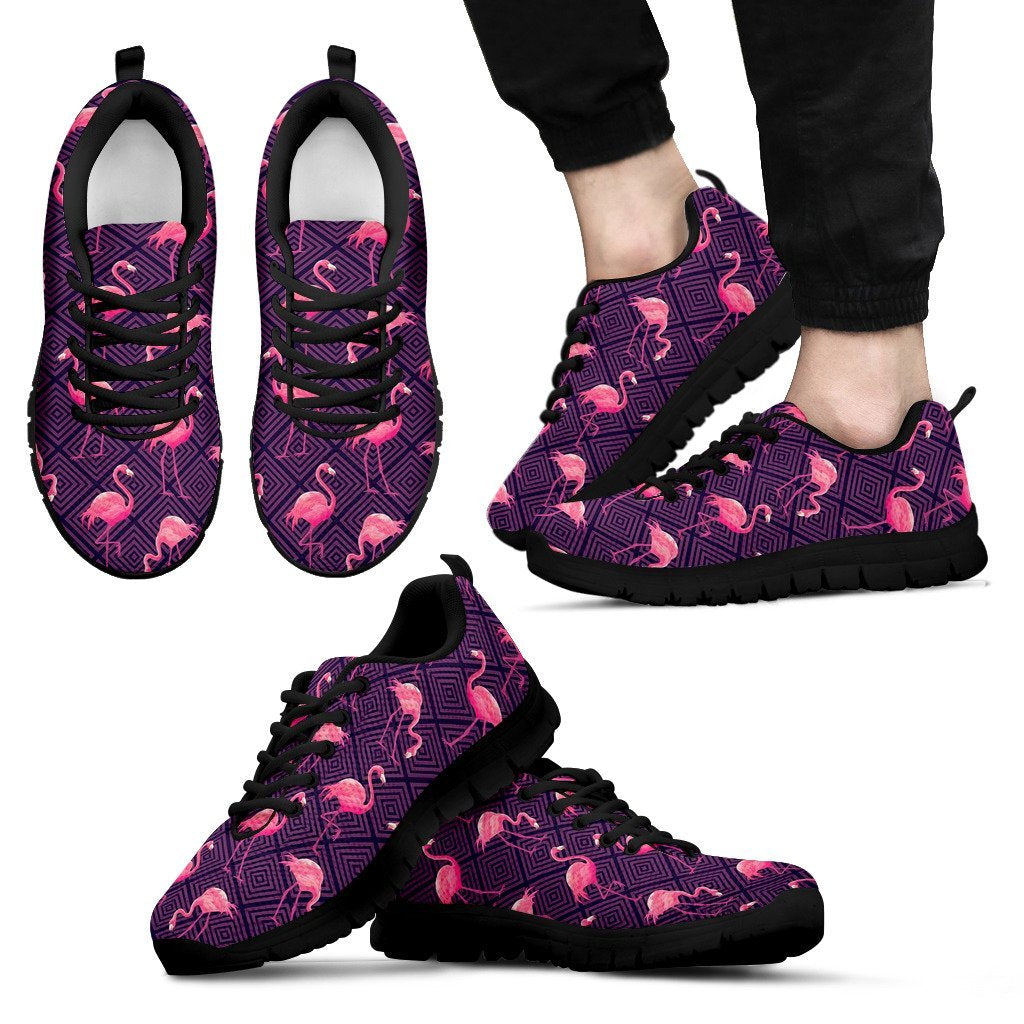 Flamingo Hawaiian Tropical Stripe Pattern Print Black Sneaker Shoes For Men Women-grizzshop