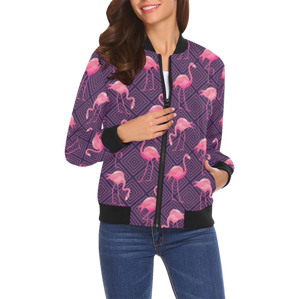 Flamingo Hawaiian Tropical Stripe Pattern Print Women Casual Bomber Jacket-grizzshop