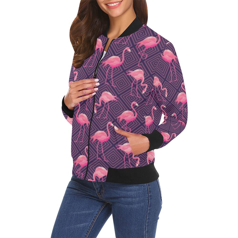 Flamingo Hawaiian Tropical Stripe Pattern Print Women Casual Bomber Jacket-grizzshop