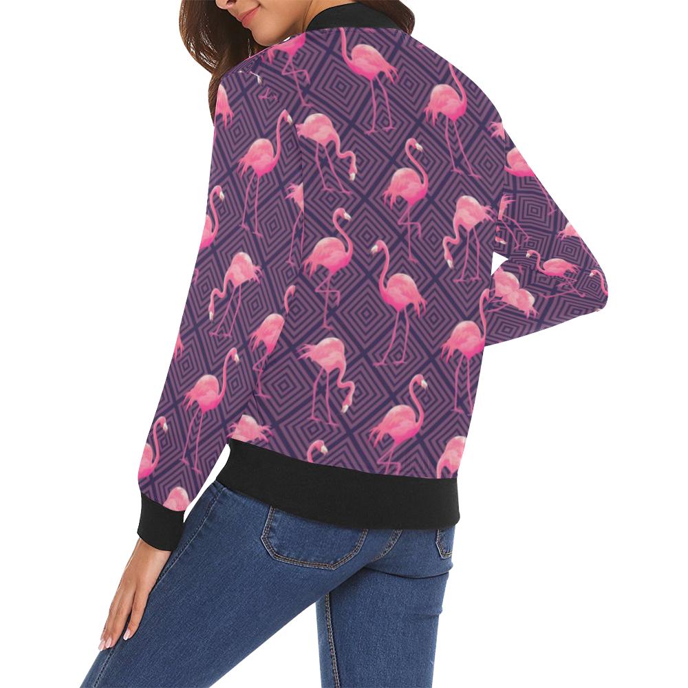 Flamingo Hawaiian Tropical Stripe Pattern Print Women Casual Bomber Jacket-grizzshop