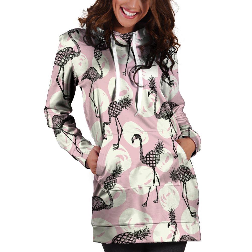 Flamingo Pineapple Print Hoodie Dress-grizzshop