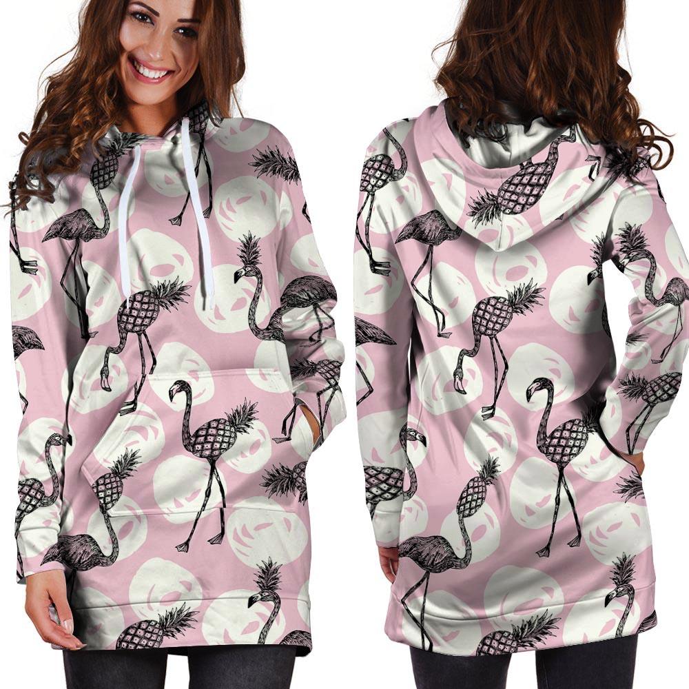 Flamingo Pineapple Print Hoodie Dress-grizzshop