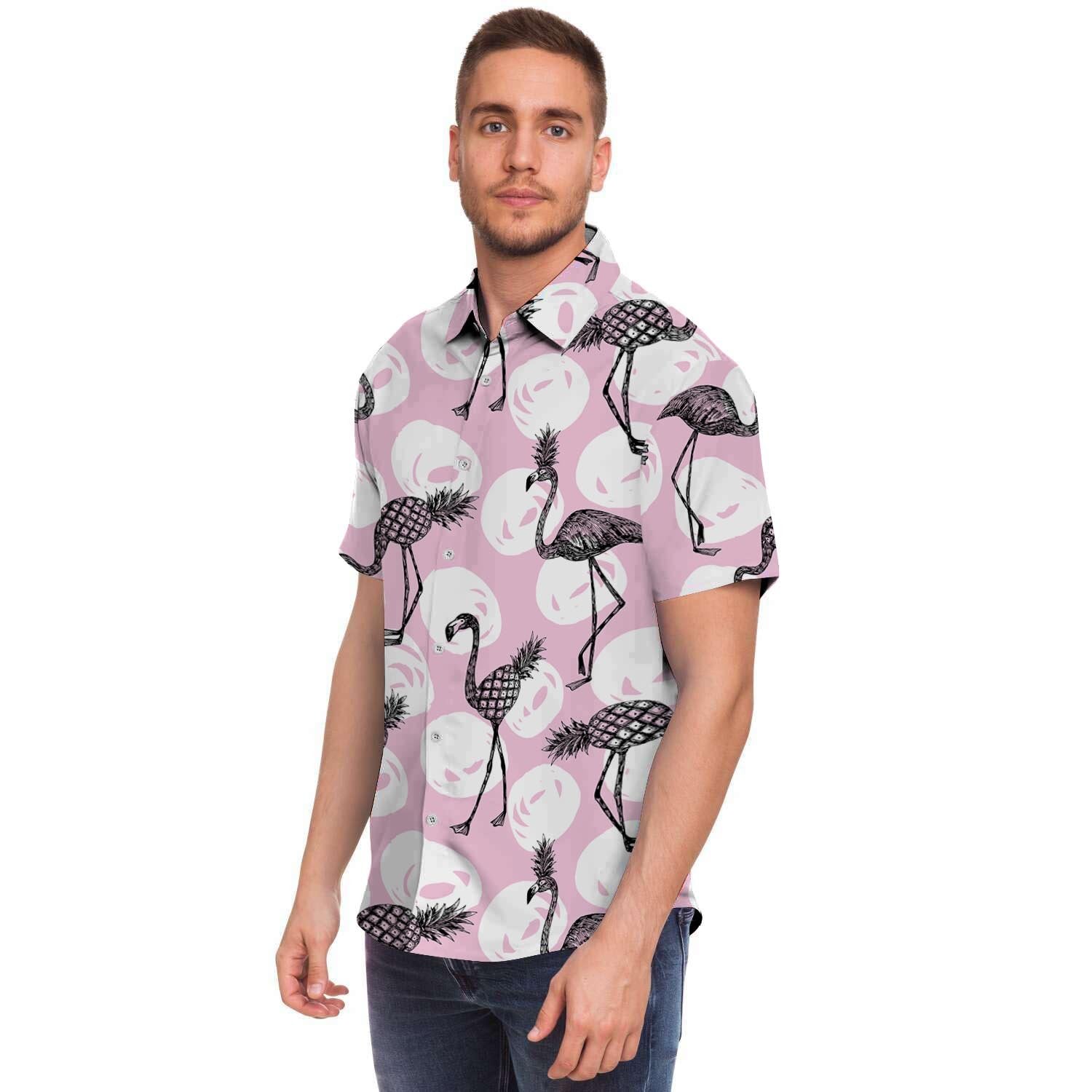 Flamingo Pineapple Print Men's Short Sleeve Shirt-grizzshop
