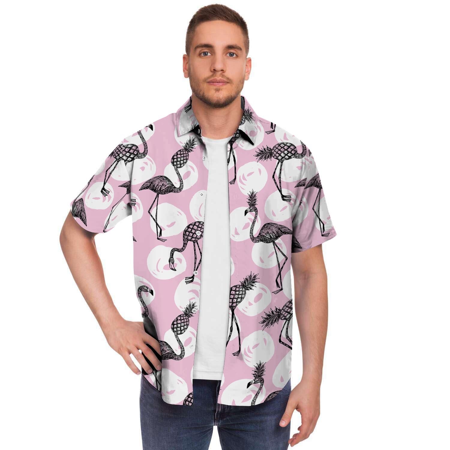 Flamingo Pineapple Print Men's Short Sleeve Shirt-grizzshop
