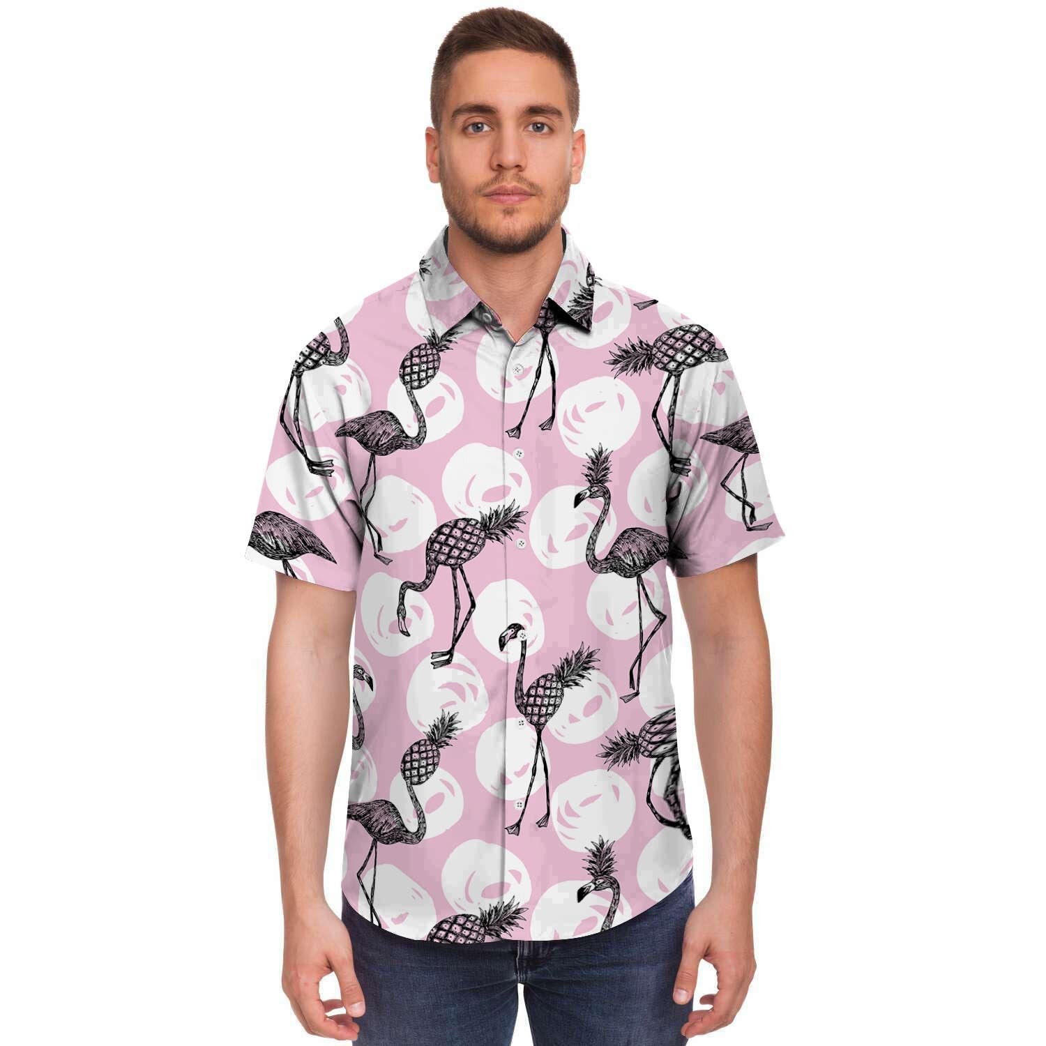 Flamingo Pineapple Print Men's Short Sleeve Shirt-grizzshop