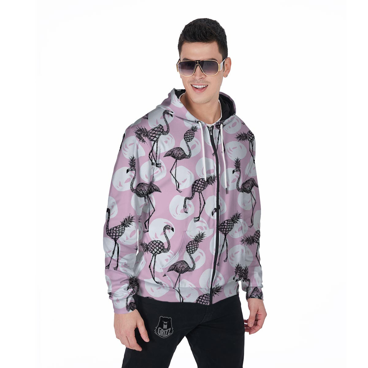 Flamingo Pineapple Print Men's Zip Up Hoodie-grizzshop