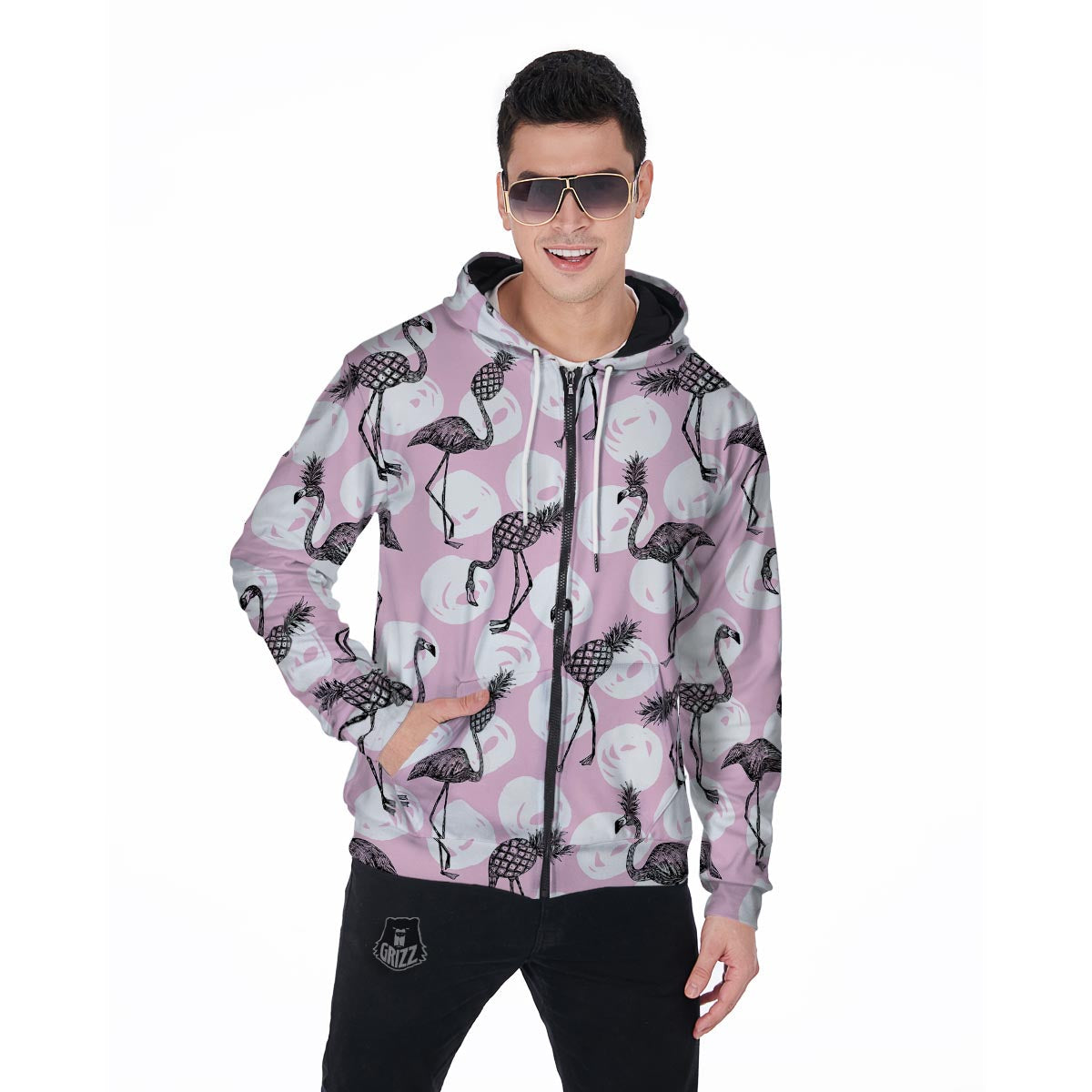Flamingo Pineapple Print Men's Zip Up Hoodie-grizzshop