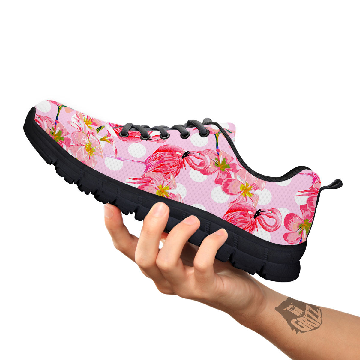 Flamingo Pink Polka Print Pattern Black Sneaker-grizzshop