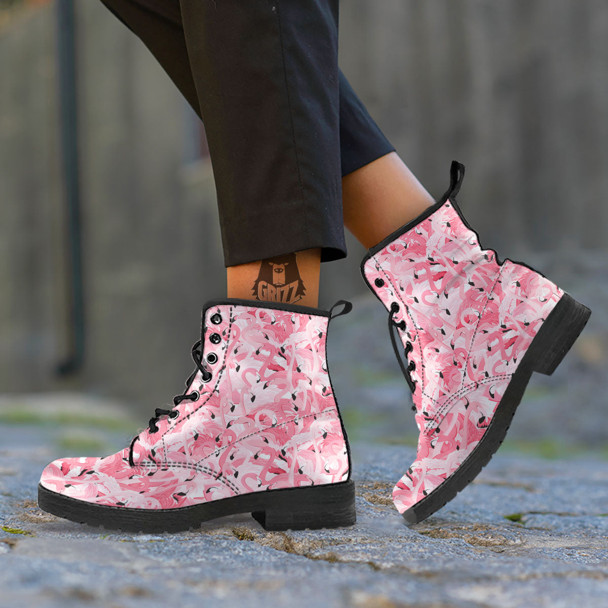 Flamingo Pink Print Pattern Leather Boots-grizzshop