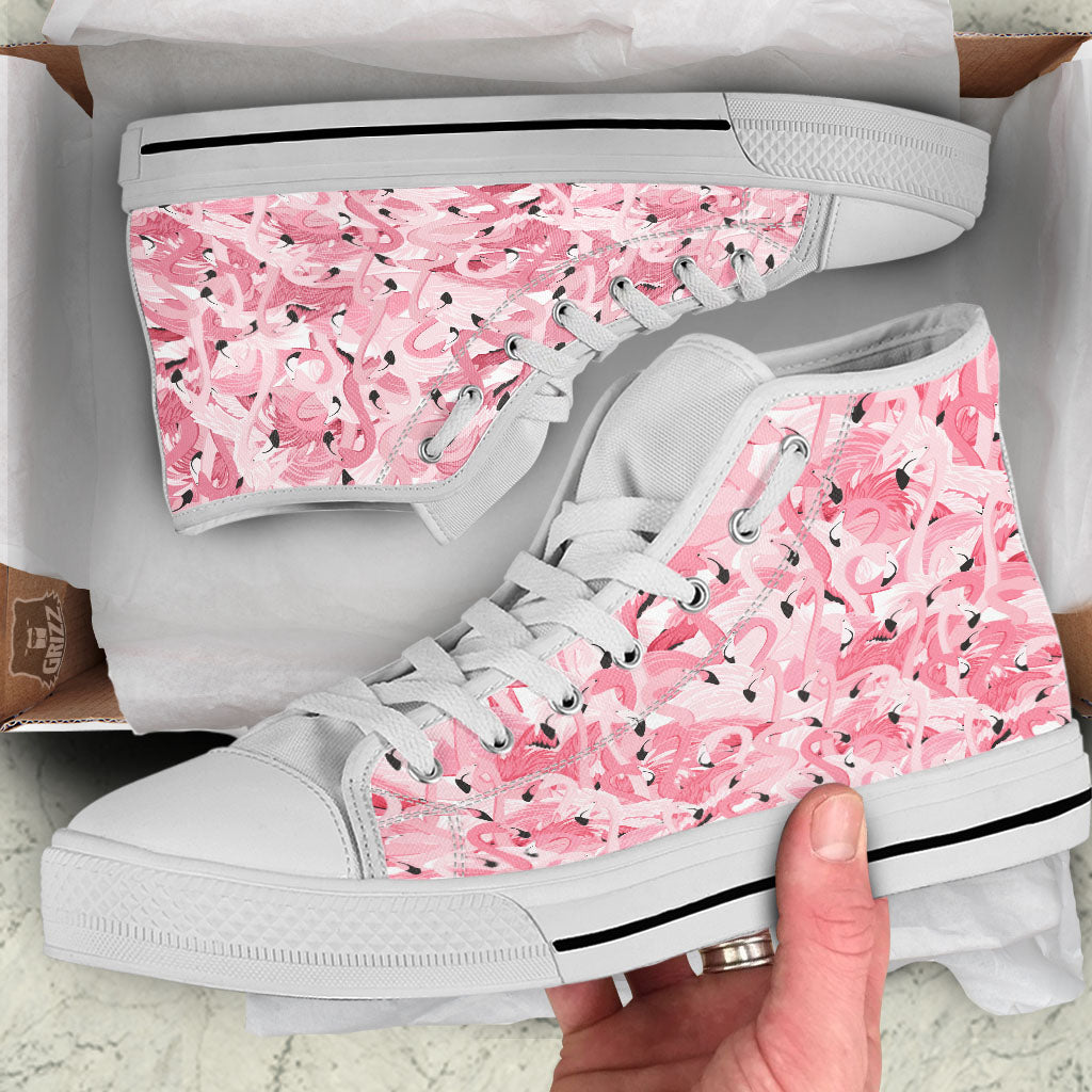 Flamingo Pink Print Pattern White High Top Shoes-grizzshop