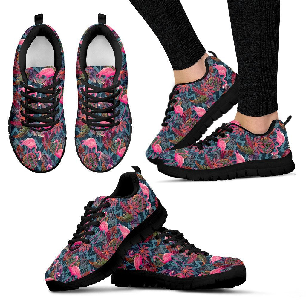 Flamingo Stripe Hawaiian Tropical Pattern Print Black Sneaker Shoes For Men Women-grizzshop