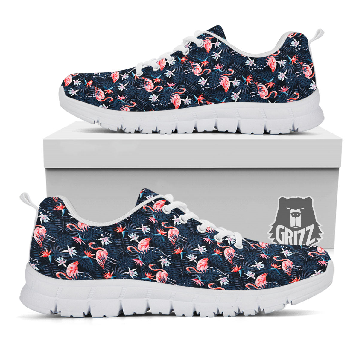 Flamingo Tropical Dark Print Pattern White Sneaker-grizzshop