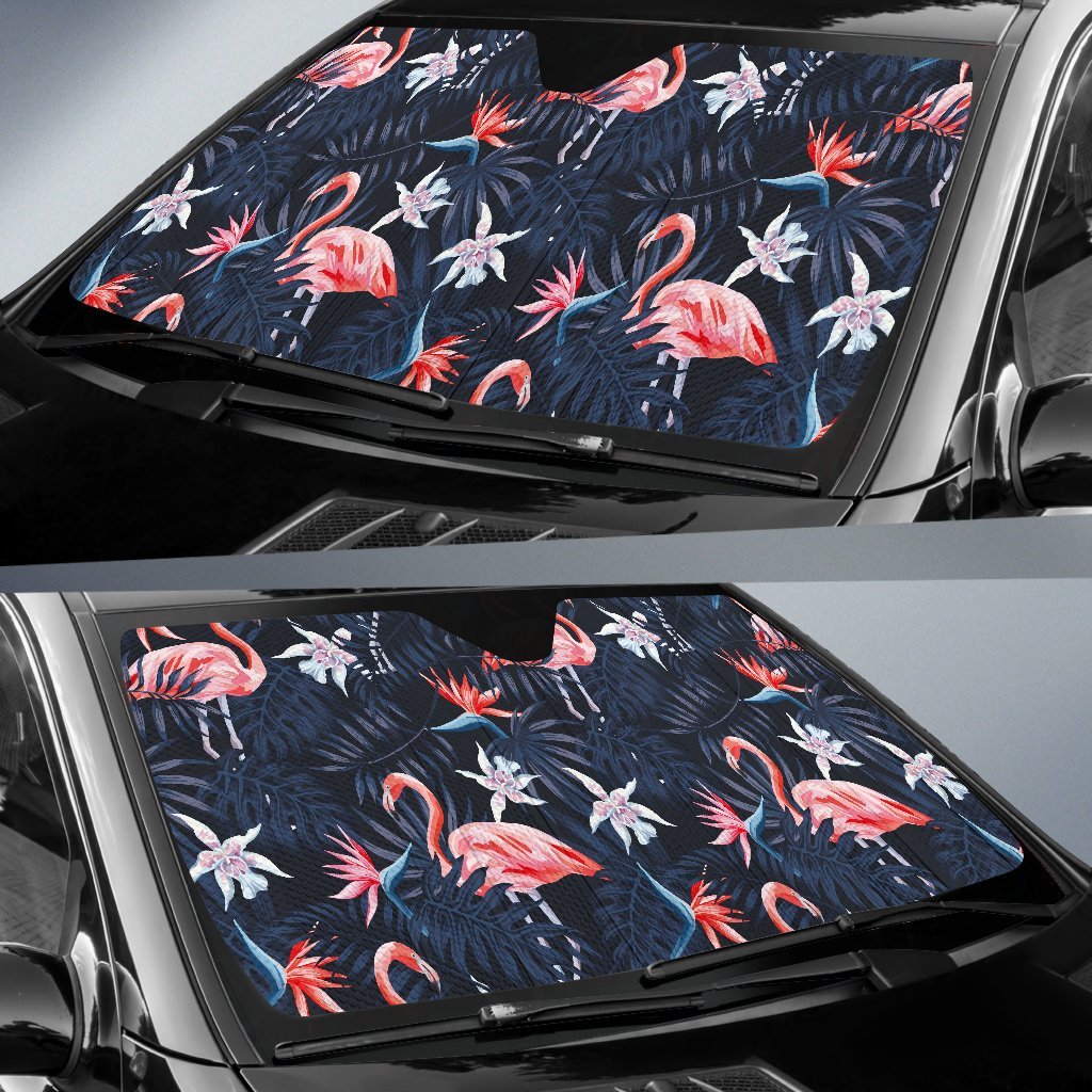 Flamingo Tropical Palm Leaves Hawaiian Floral Pattern Print Car Sun Shade-grizzshop