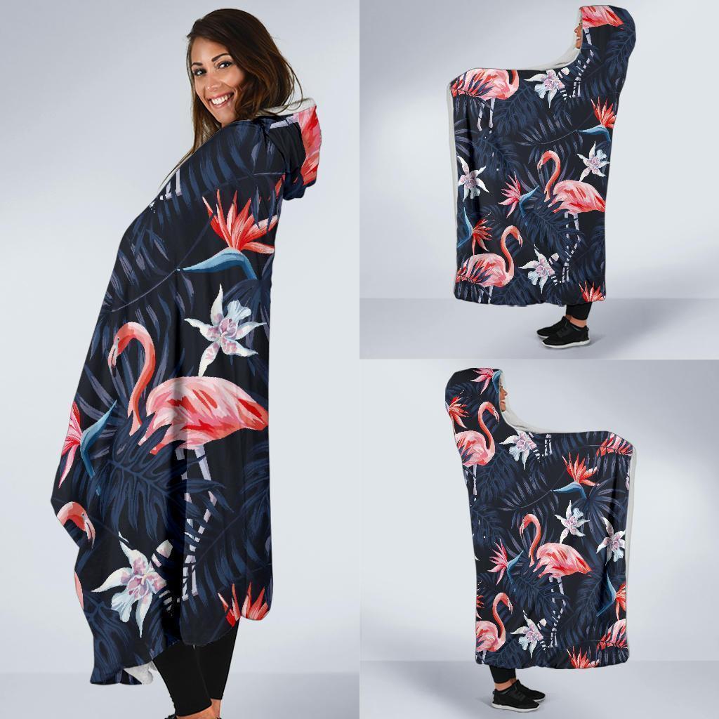 Flamingo Tropical Palm Leaves Hawaiian Floral Pattern Print Hooded Blanket-grizzshop