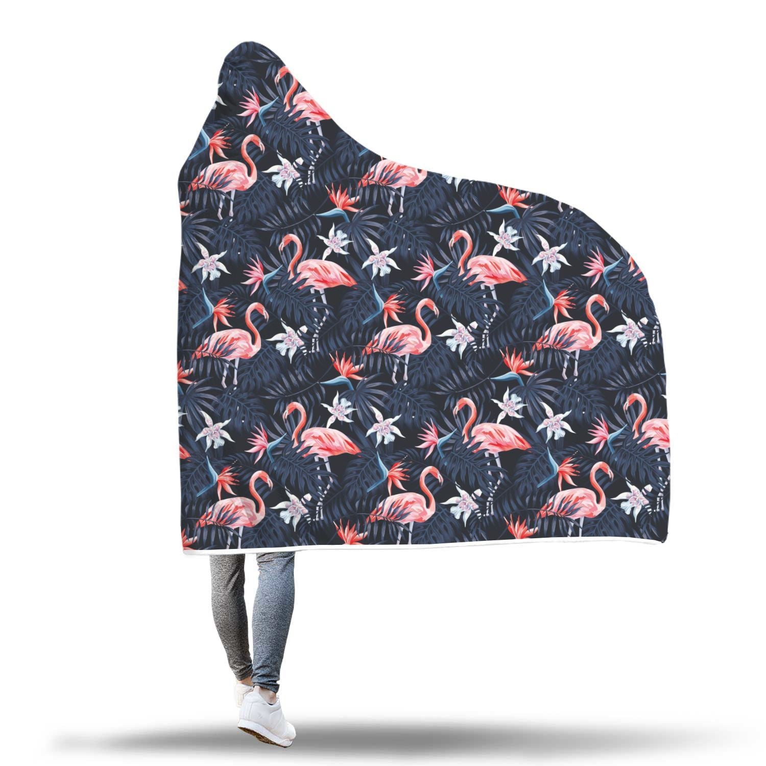 Flamingo Tropical Palm Leaves Hawaiian Floral Pattern Print Hooded Blanket-grizzshop