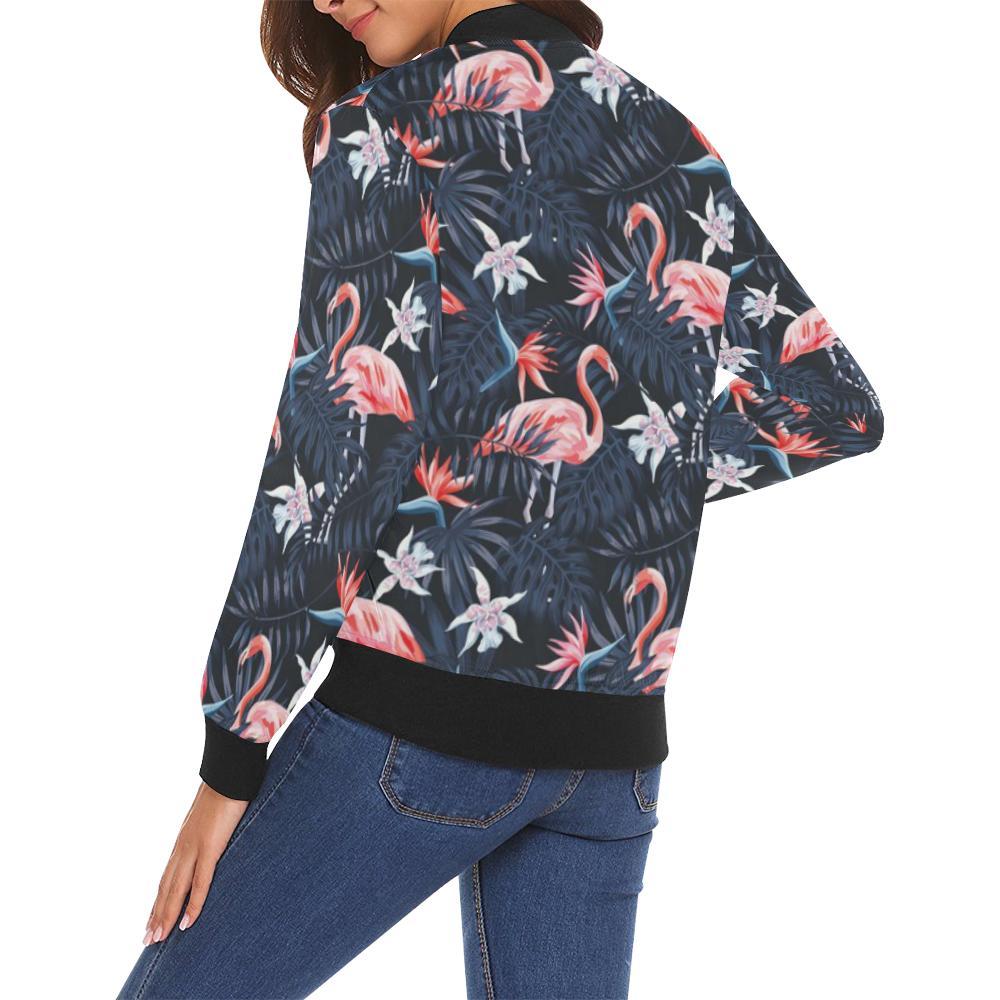 Flamingo Tropical Palm Leaves Hawaiian Floral Pattern Print Women Casual Bomber Jacket-grizzshop