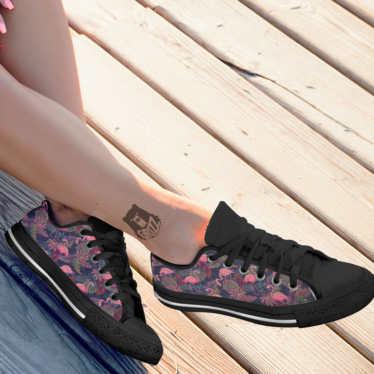 Flamingo Watercolor Print Pattern Black Low Top Shoes-grizzshop