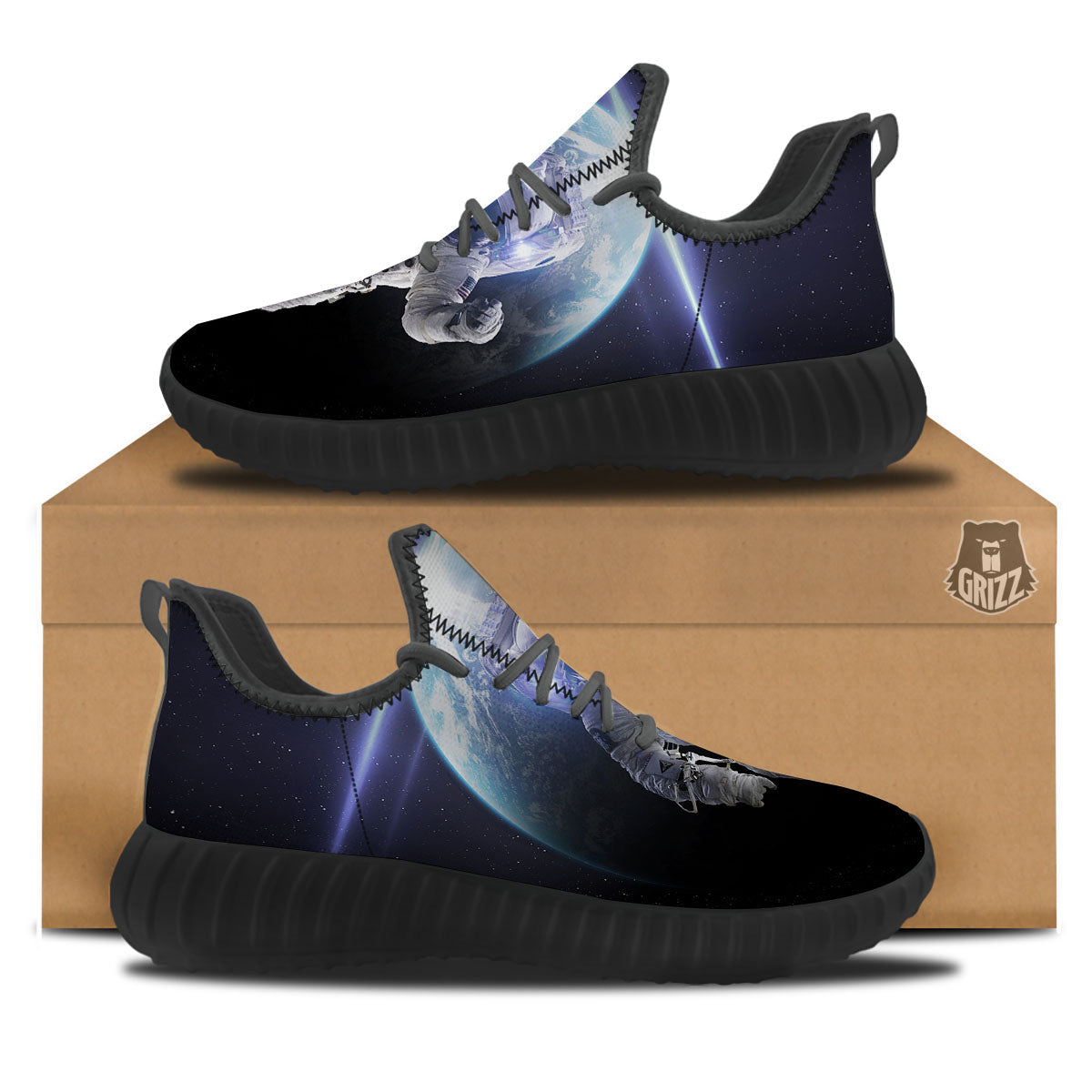Floating Astronaut In Outer Space Print Black Walking Shoes-grizzshop