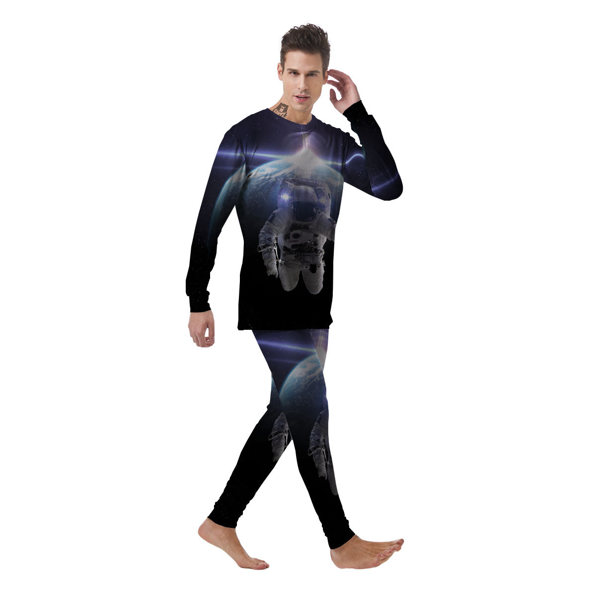 Floating Astronaut In Outer Space Print Men's Pajamas-grizzshop