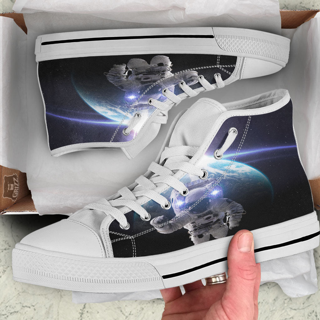 Floating Astronaut In Outer Space Print White High Top Shoes-grizzshop