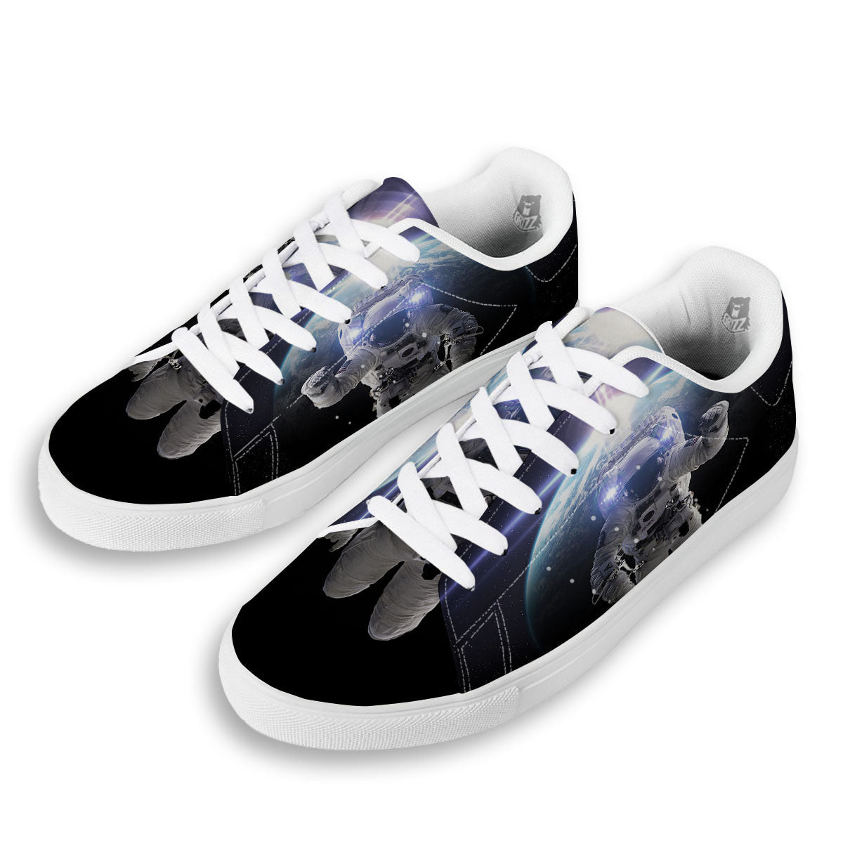 Floating Astronaut In Outer Space Print White Low Top Sneakers-grizzshop