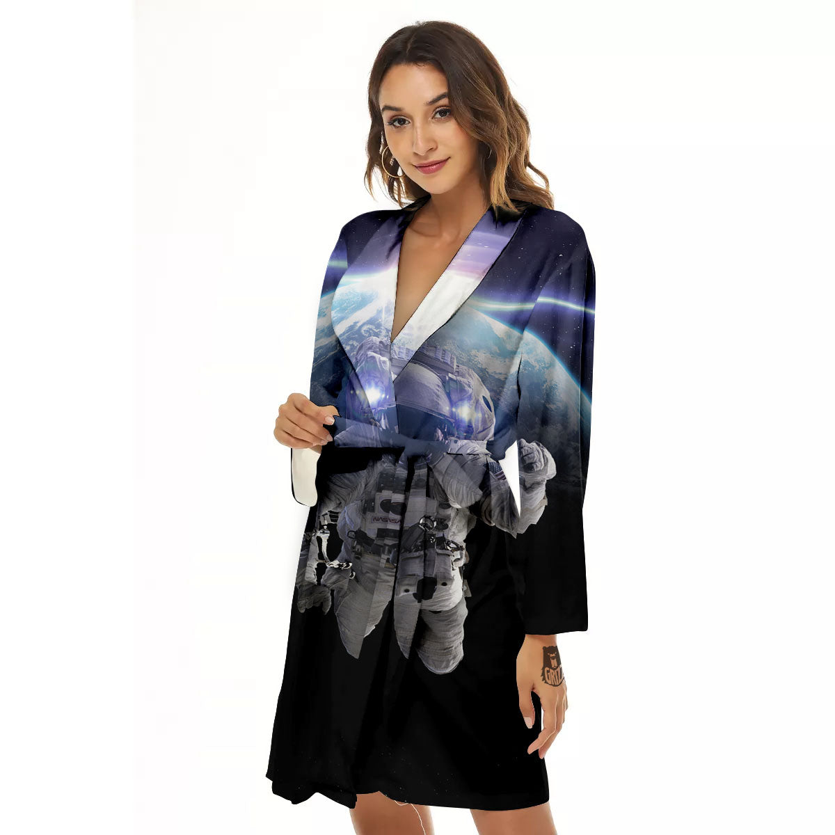 Floating Astronaut In Outer Space Print Women's Robe-grizzshop