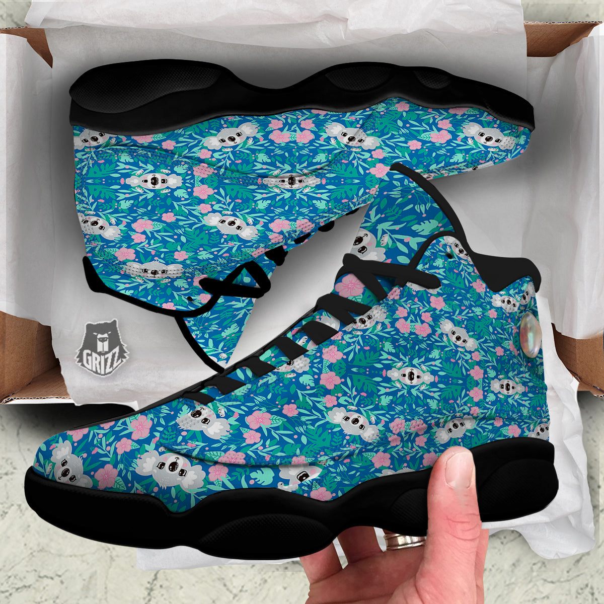Floral And Baby Koala Print Pattern Black Basketball Shoes-grizzshop