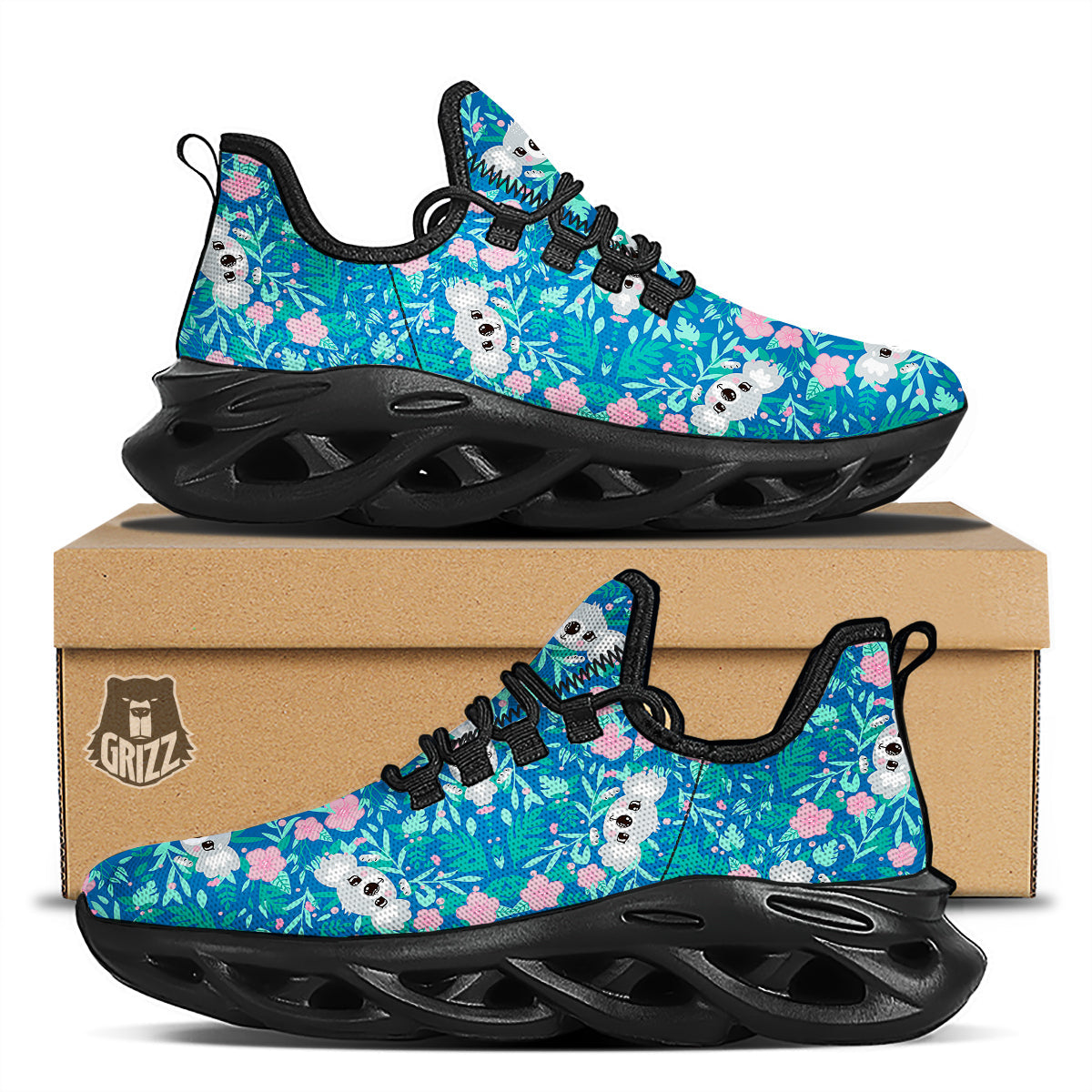 Floral And Baby Koala Print Pattern Black Running Shoes-grizzshop