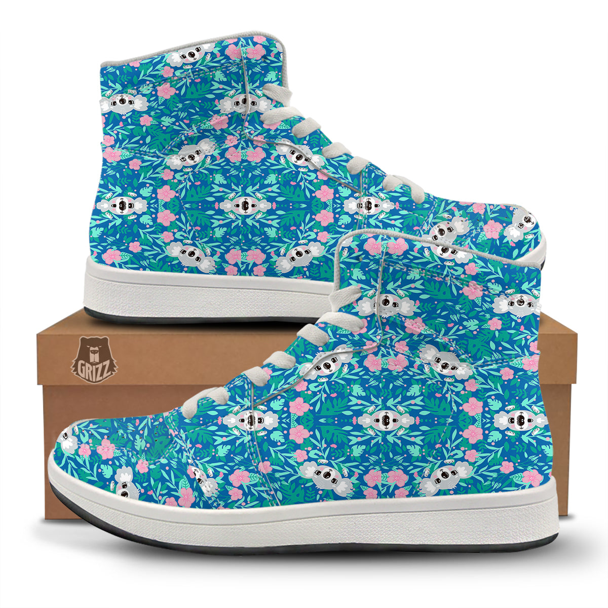 Floral And Baby Koala Print Pattern High Top Sneakers-grizzshop