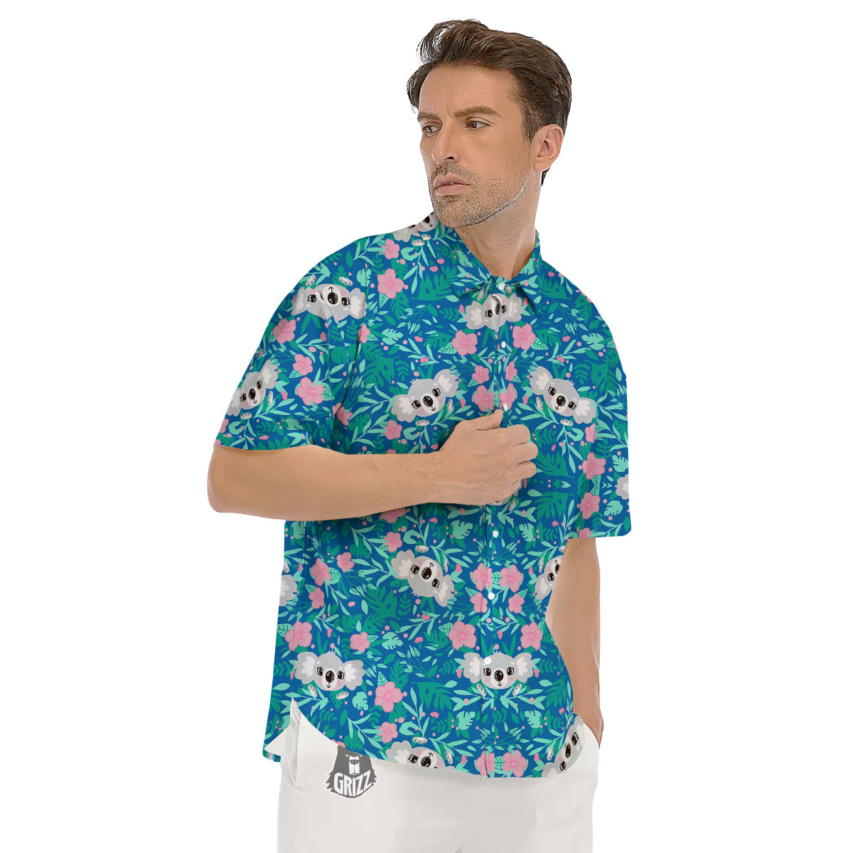 Floral And Baby Koala Print Pattern Men's Short Sleeve Shirts-grizzshop