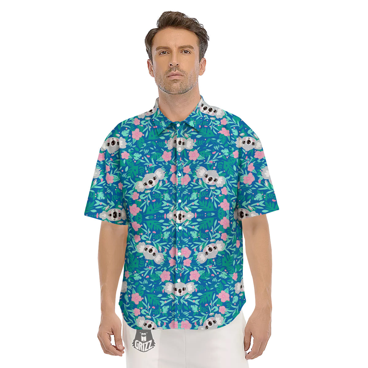 Floral And Baby Koala Print Pattern Men's Short Sleeve Shirts-grizzshop