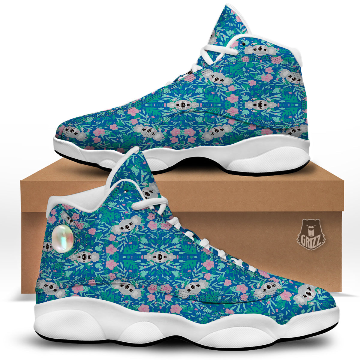 Floral And Baby Koala Print Pattern White Basketball Shoes-grizzshop