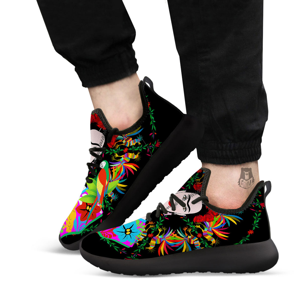 Floral And Frida Kahlo Print Black Athletic Shoes-grizzshop