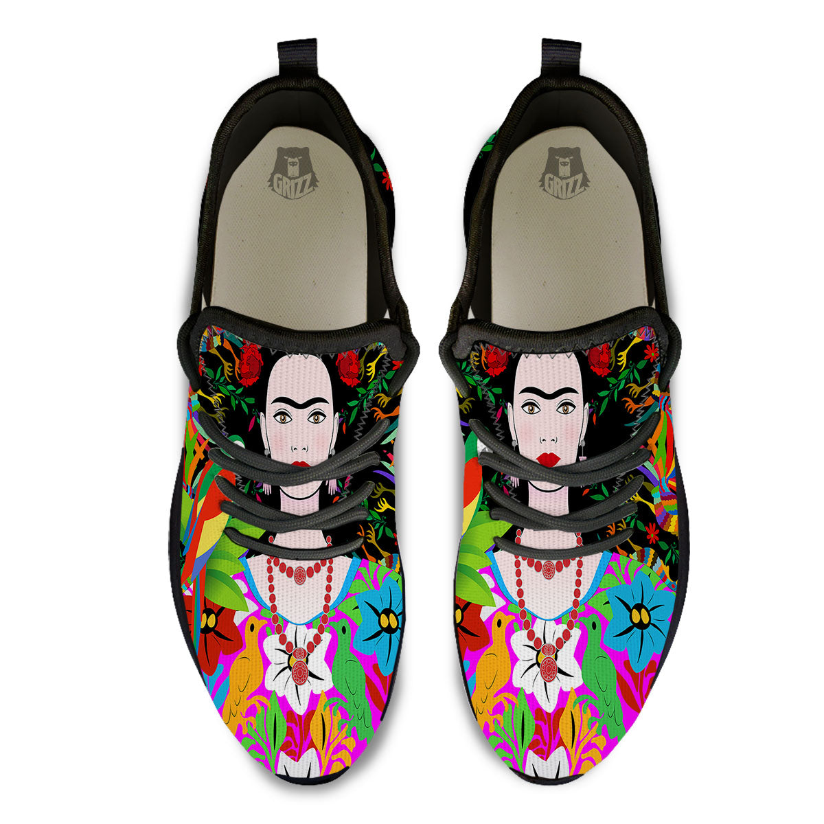 Floral And Frida Kahlo Print Black Athletic Shoes-grizzshop