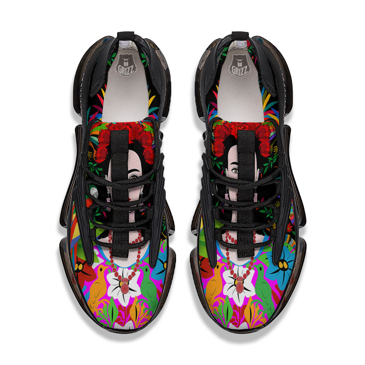 Floral And Frida Kahlo Print Black Gym Shoes-grizzshop