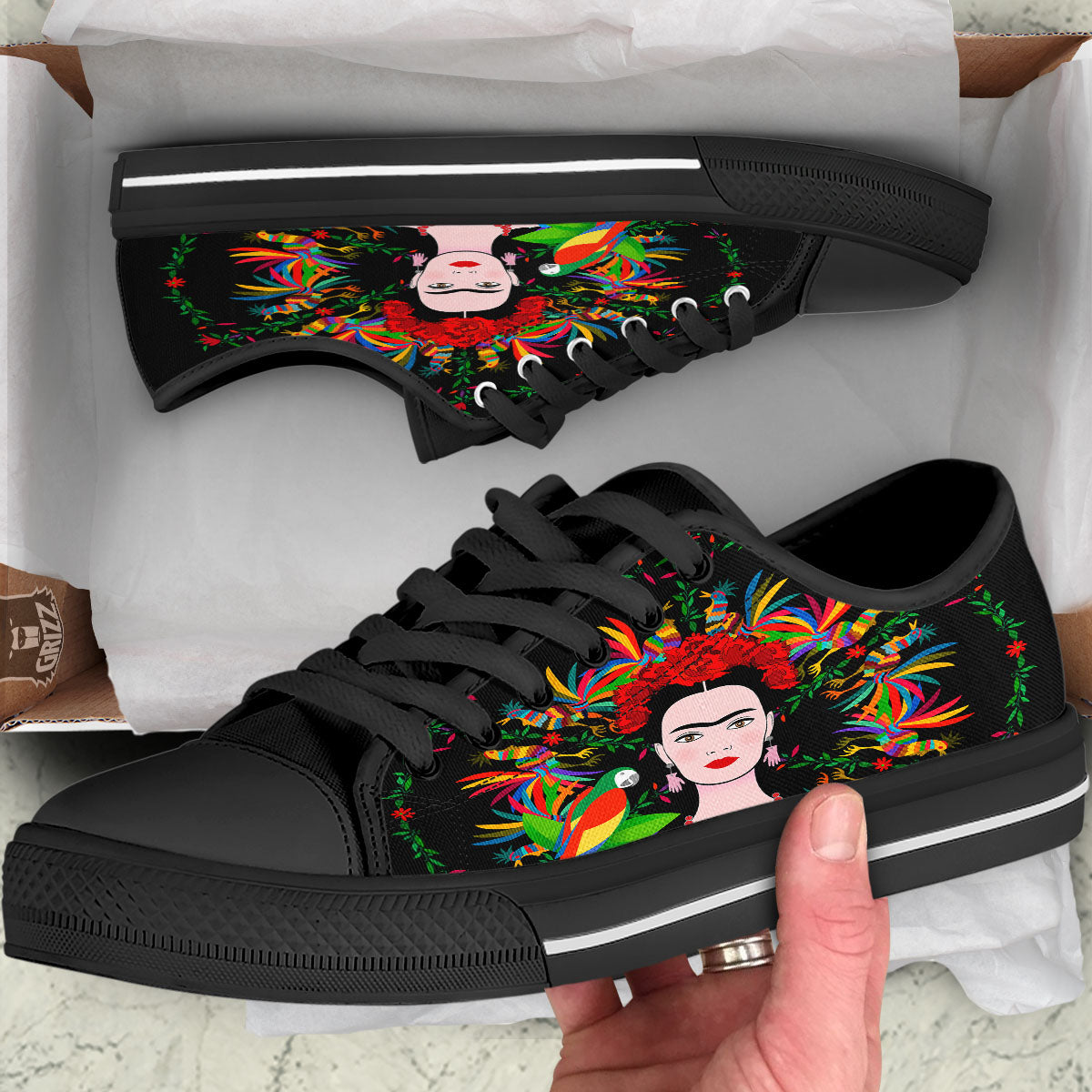 Floral And Frida Kahlo Print Black Low Top Shoes-grizzshop