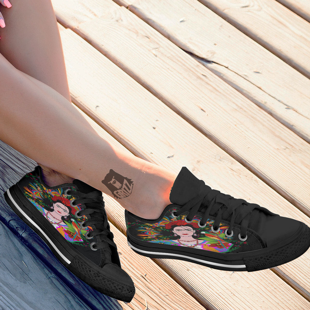 Floral And Frida Kahlo Print Black Low Top Shoes-grizzshop