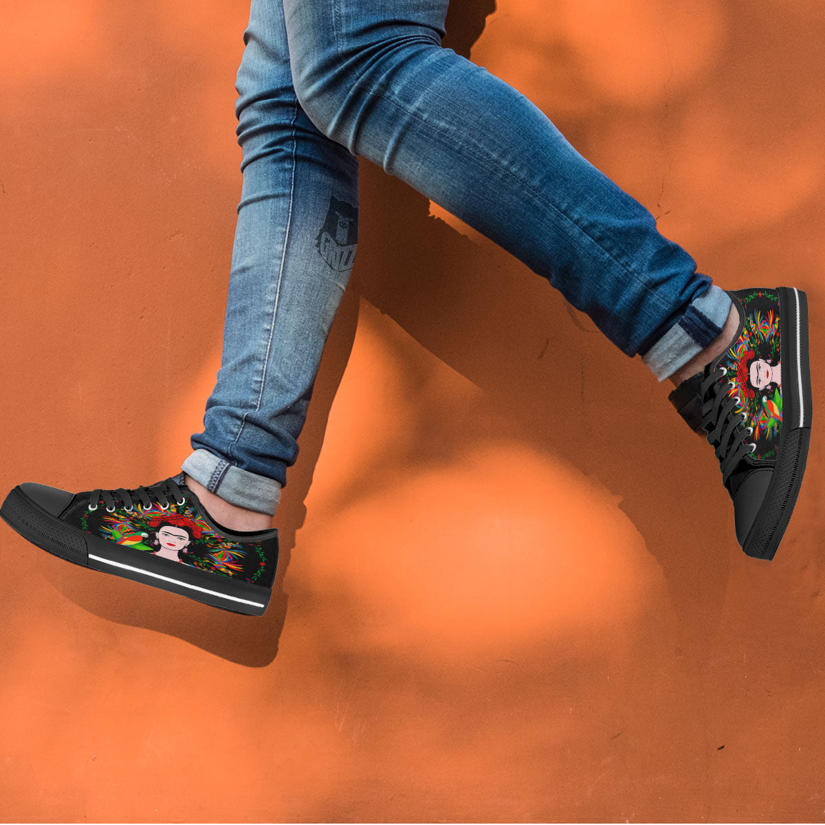Floral And Frida Kahlo Print Black Low Top Shoes-grizzshop