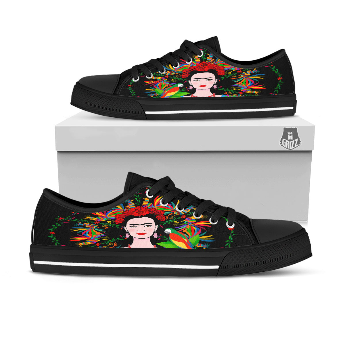 Floral And Frida Kahlo Print Black Low Top Shoes-grizzshop