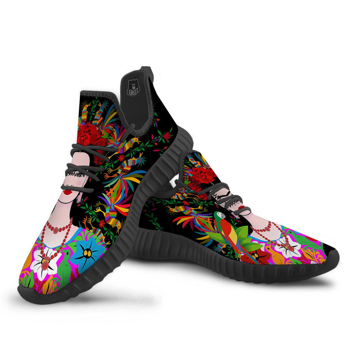 Floral And Frida Kahlo Print Black Walking Shoes-grizzshop