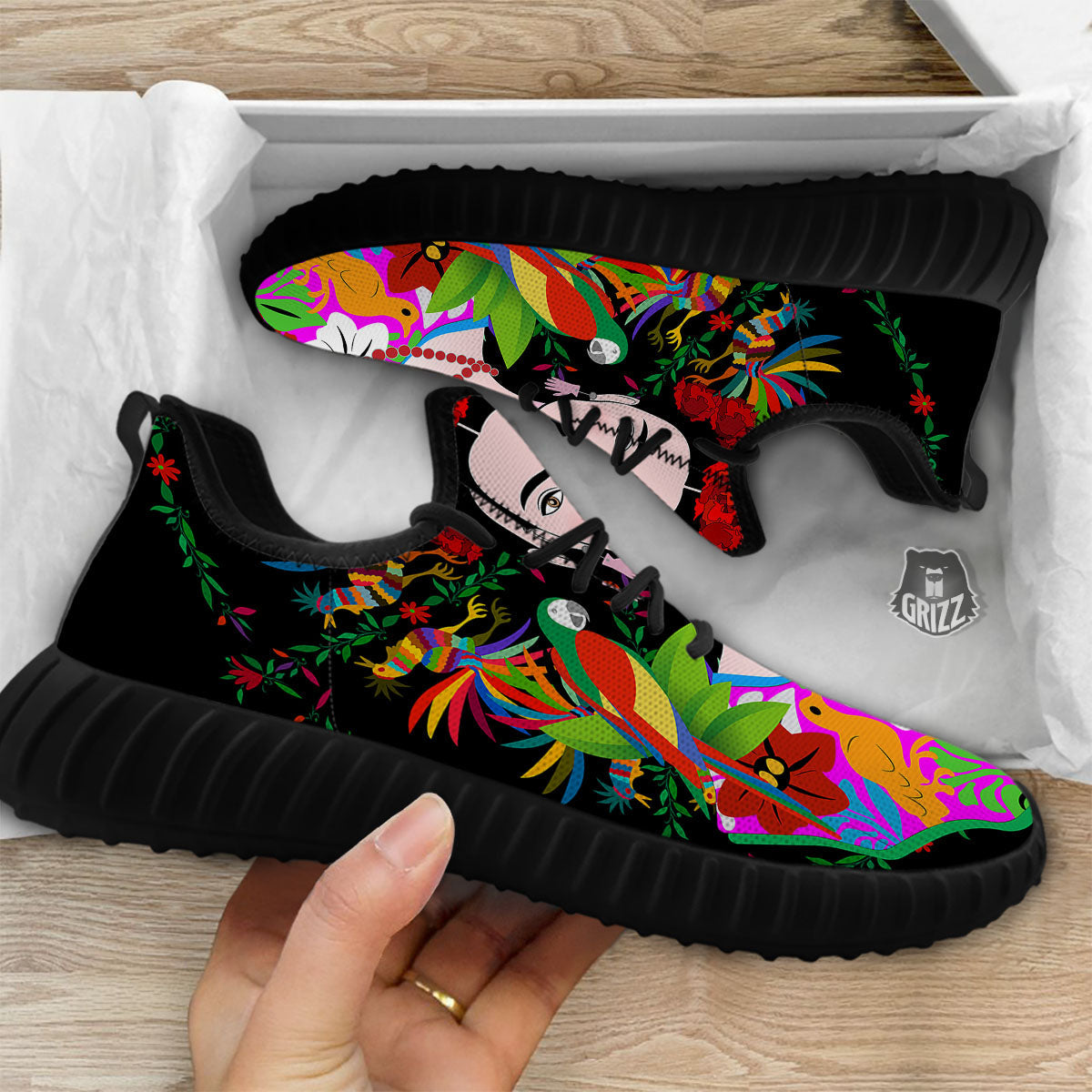 Floral And Frida Kahlo Print Black Walking Shoes-grizzshop