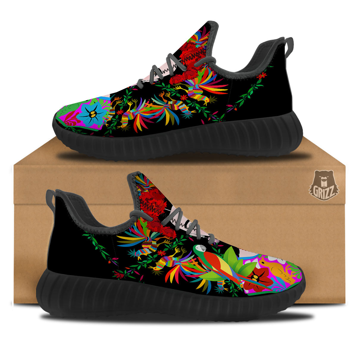 Floral And Frida Kahlo Print Black Walking Shoes-grizzshop