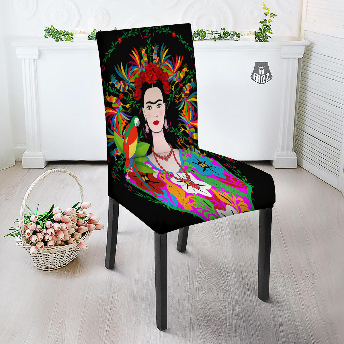 Floral And Frida Kahlo Print Dining Chair Slipcover-grizzshop