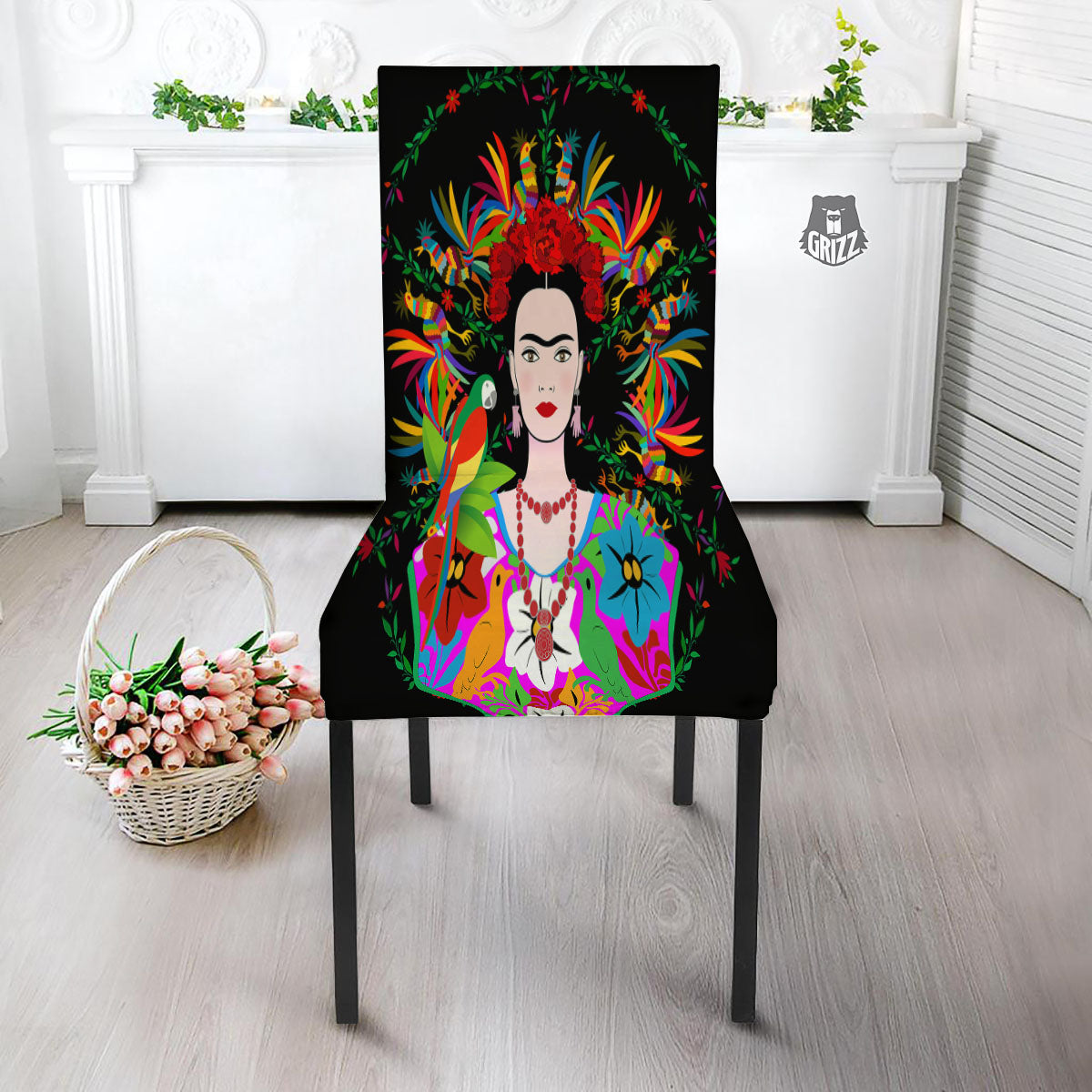 Floral And Frida Kahlo Print Dining Chair Slipcover-grizzshop