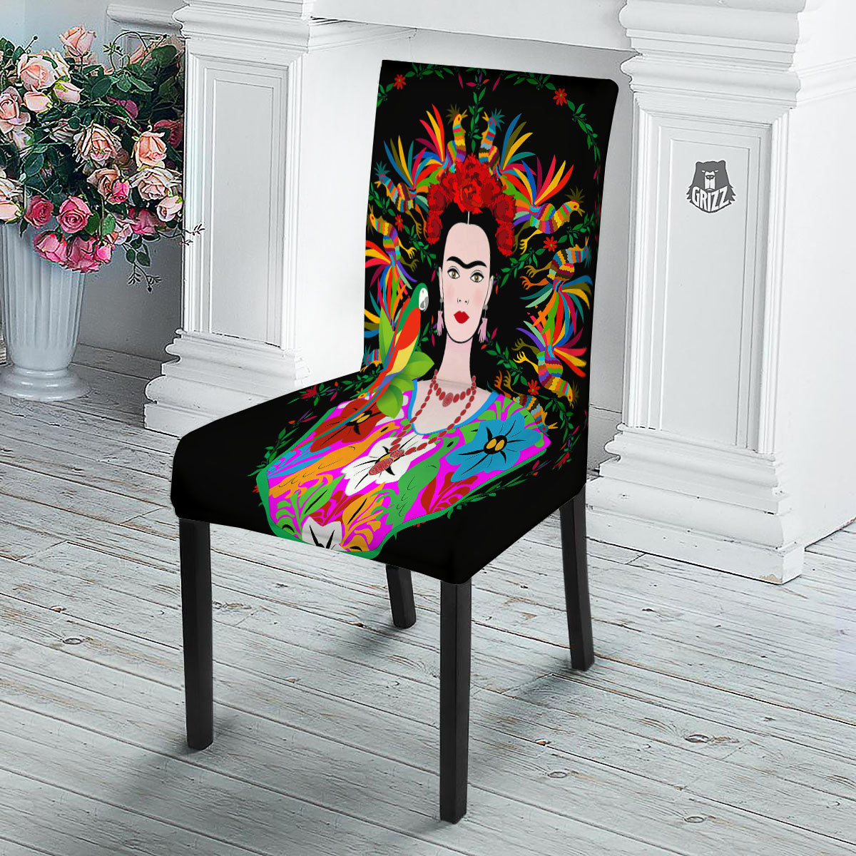 Floral And Frida Kahlo Print Dining Chair Slipcover-grizzshop