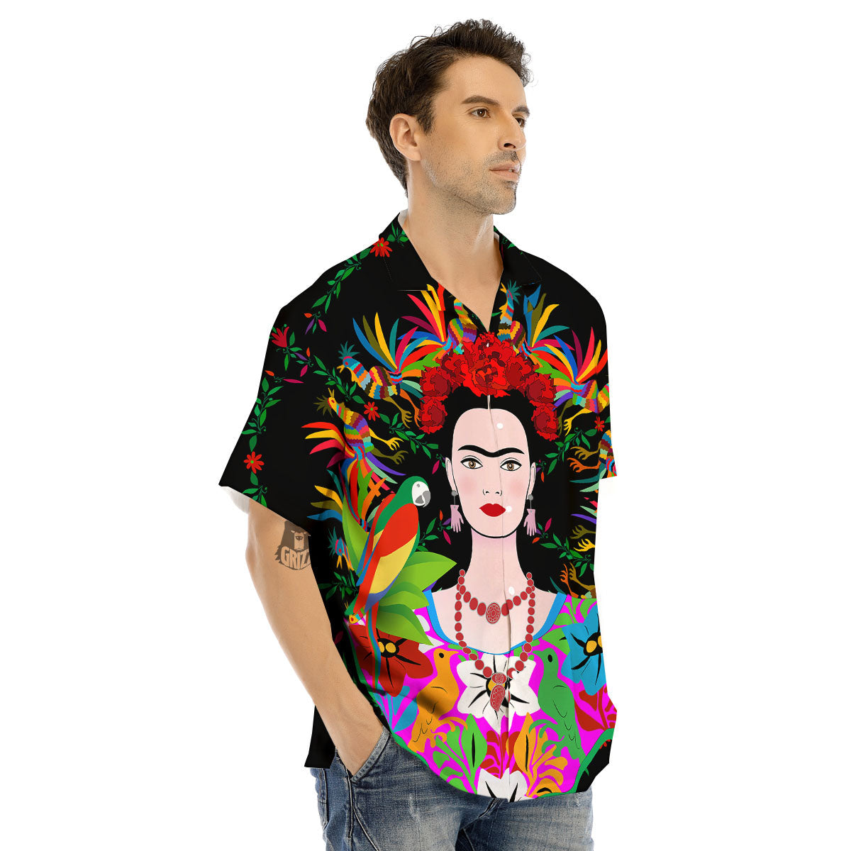 Floral And Frida Kahlo Print Men's Hawaiian Shirt-grizzshop