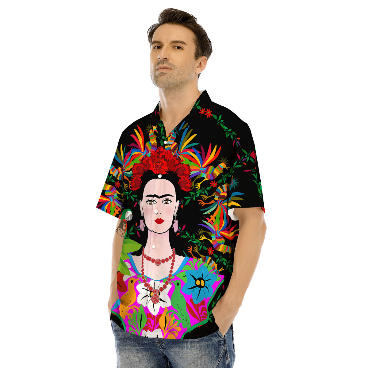 Floral And Frida Kahlo Print Men's Hawaiian Shirt-grizzshop
